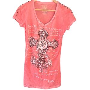 Velvet Stone Embellished Graphic Tee Pink Medium Cross Skater Rock